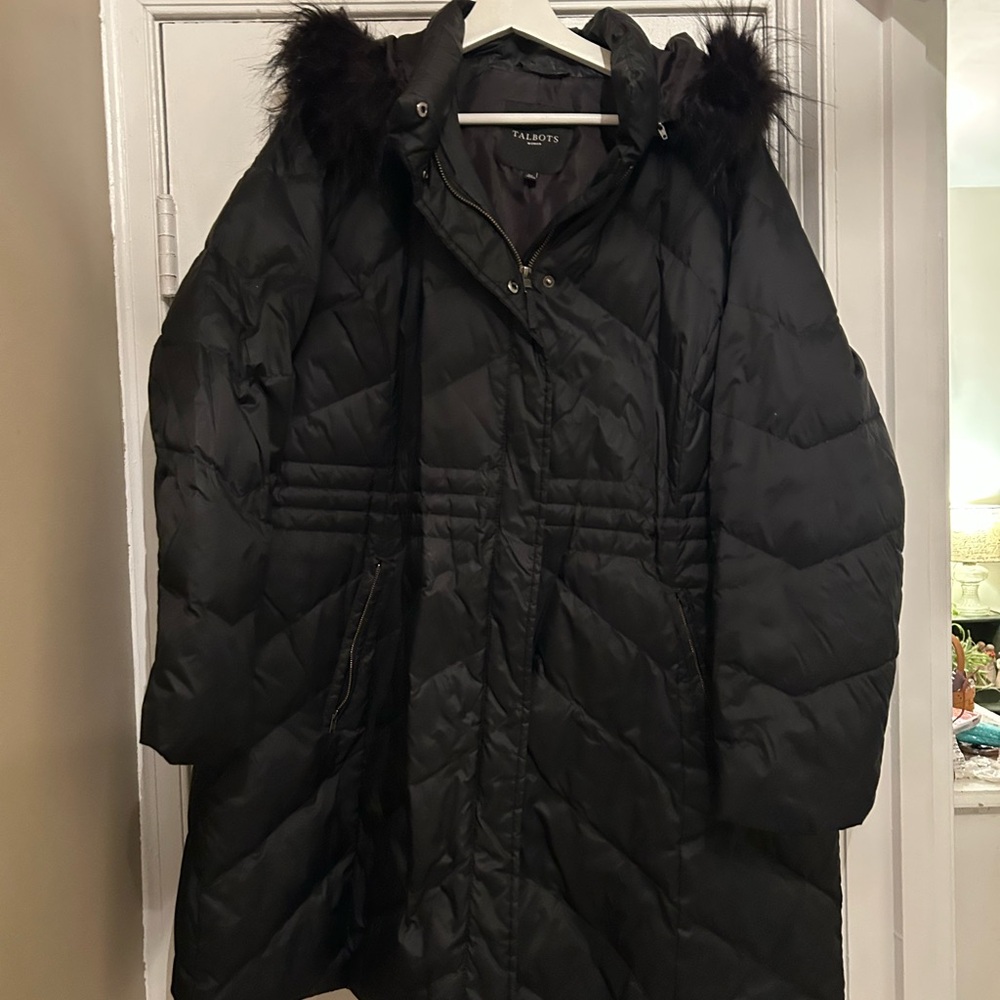 Talbots Women's Black Puffer Jacket with Fur Trim